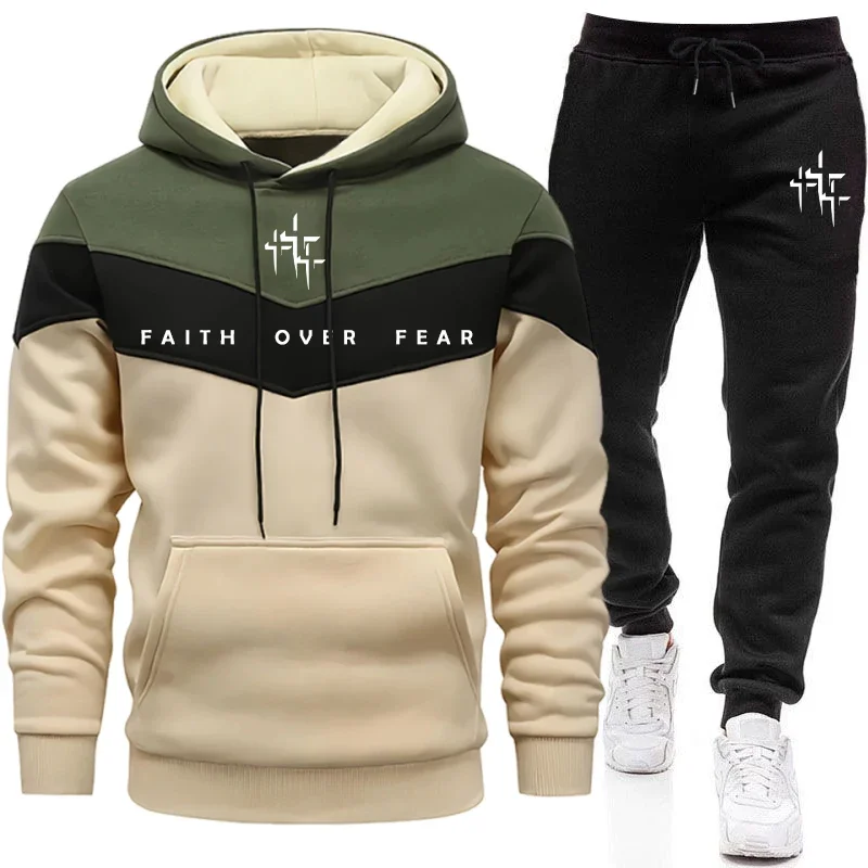 Winter Clothing Fashion - ชุดวอร์มผู้ชาย Faith Over Fear เสื้อฮู้ดและกางเกงจ็อกเกอร์ แฟชั่นสไตล์เมือง