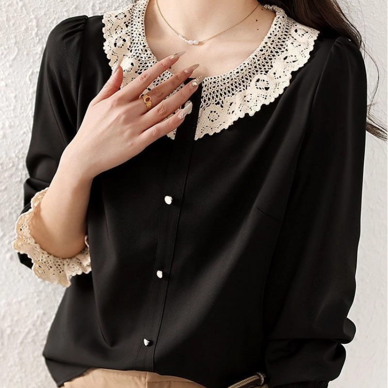 Winter Clothing Clearance - เสื้อผ้าผู้หญิง เสื้อเบลาส์ลายต่อผ้าสไตล์หรูหรา สำหรับฤดูใบไม้ผลิและฤดูใบไม้ร่วง แขนยาว แต่งผ้าลูกไม้ เสื้อทรงหลวม