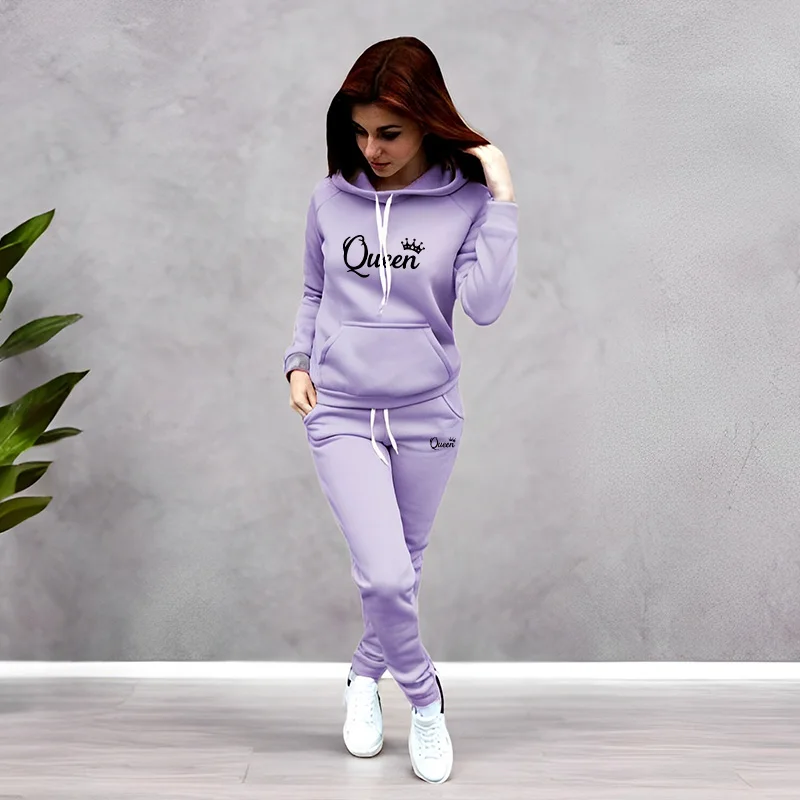 Winter Clothing Fashion - ชุดวอร์มผู้หญิง พิมพ์ลายตัวอักษร Queen เสื้อฮู้ดคุณภาพสูง ชุดออกกำลังกาย แฟชั่นลำลอง