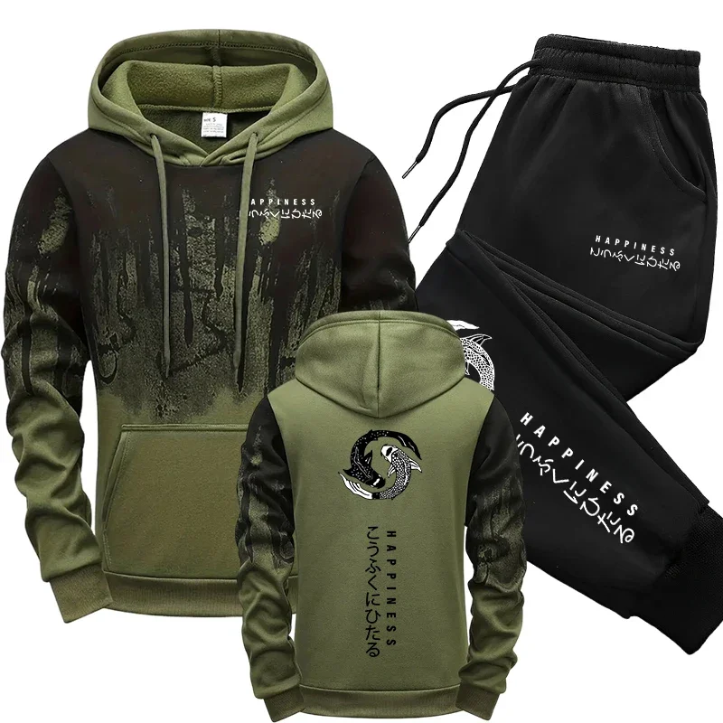 Winter Clothing Fashion - ชุดเซ็ตเสื้อฮู้ดและกางเกงวอร์มแฟชั่นญี่ปุ่นสำหรับผู้ชาย 2 ชิ้น ชุดลำลองสำหรับฤดูใบไม้ร่วงและฤดูหนาว สไตล์สปอร์ต เหมาะสำหรับวิ่งจ๊อกกิ้งและลุคแฟชั่นในเมือง