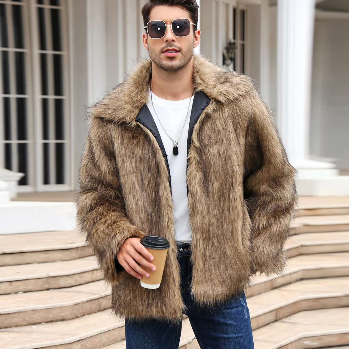 Winter Clothing Pk - ผู้ชายFaux Foxขนสัตว์เสื้อแจ็คเก็ตฤดูหนาวหนาหนาแขนยาวWarm Shaggy Jacketหรูหราเสื้อขนสัตว์Bontjasแจ็คเก็ตบุรุษ