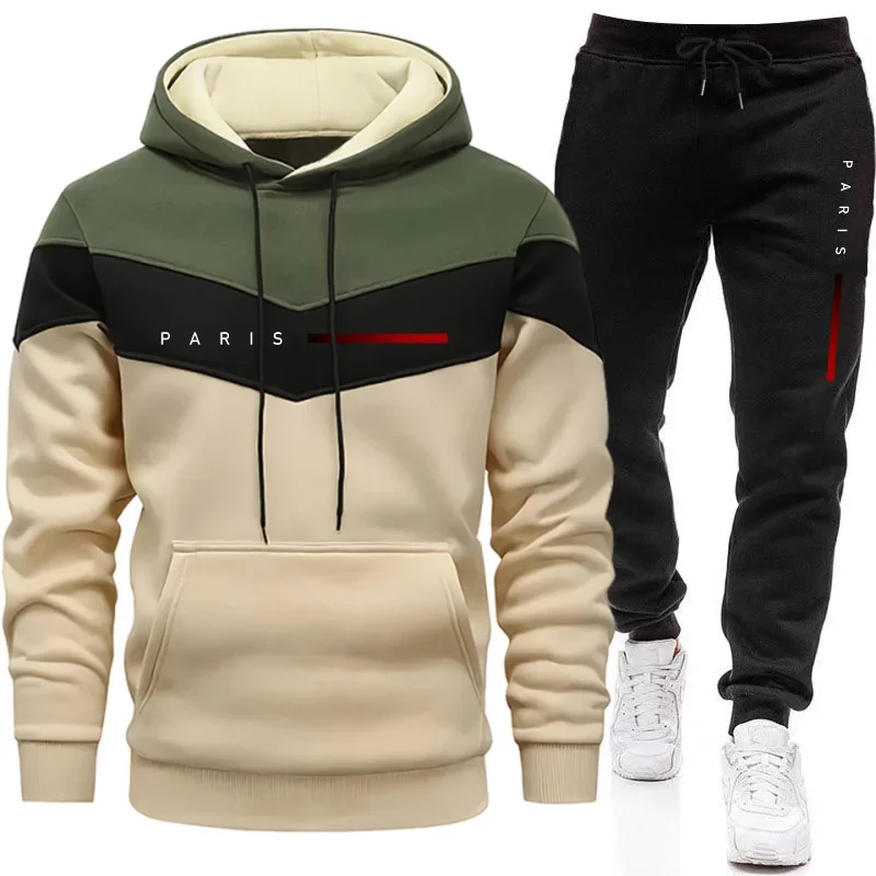 Winter Clothing Fashion - ชุดฮู้ดดี้แฟชั่นผู้ชายสไตล์ปารีส เสื้อฮู้ดและกางเกงจ็อกเกอร์ลำลองสำหรับใส่ในชีวิตประจำวัน ชุดวอร์มเทรนด์เมืองสำหรับผู้ชาย